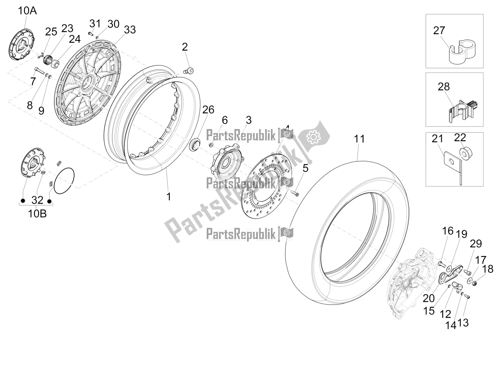 All parts for the Rear Wheel of the Vespa 946 125 4 STR / Red 2022