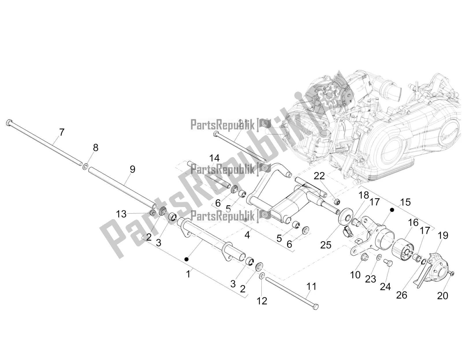 All parts for the Swinging Arm of the Vespa 946 125 4T 3V ABS 2016