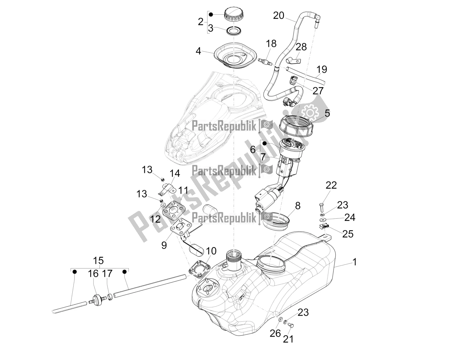 All parts for the Fuel Tank of the Vespa 946 125 4T 3V ABS 2018