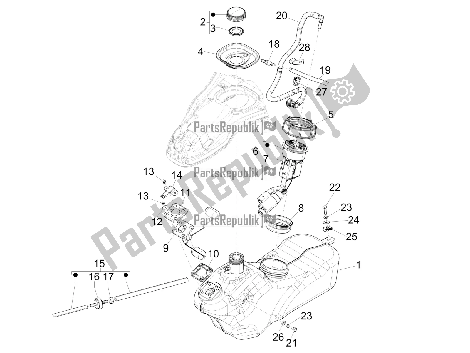 Alle onderdelen voor de Benzinetank van de Vespa 946 125 4T 3V ABS-Armani 2016