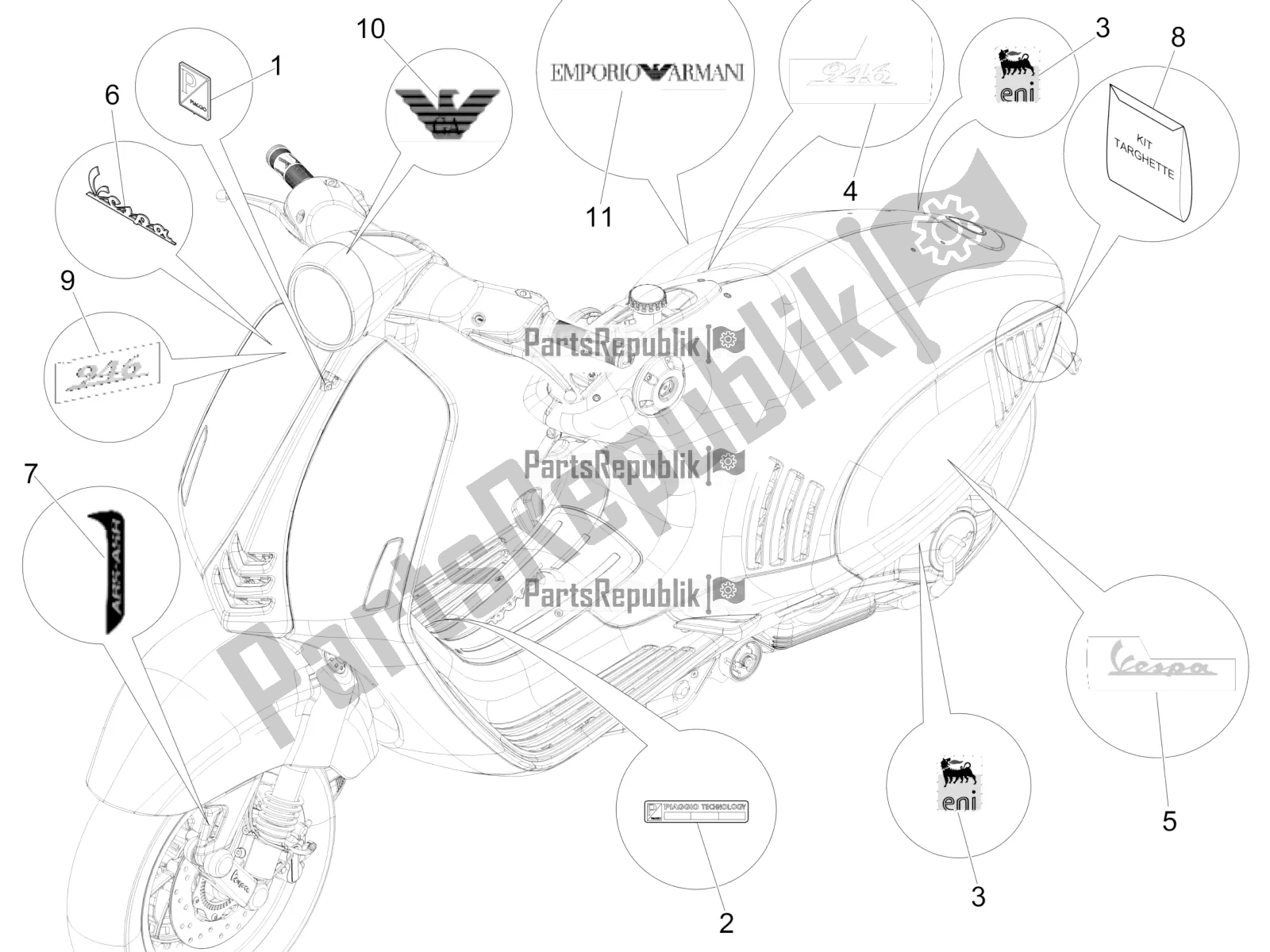 Toutes les pièces pour le Plaques - Emblèmes du Vespa 946 125 4T 3V ABS-Armani 2016