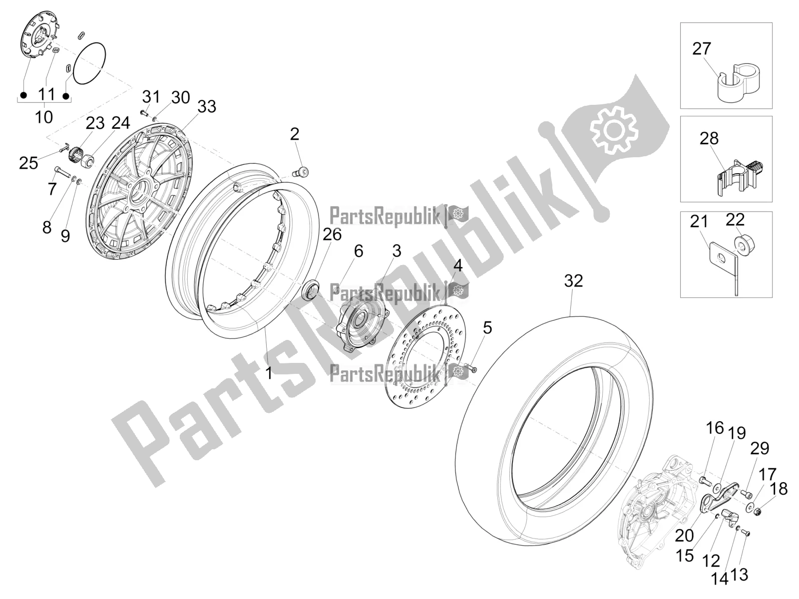 All parts for the Rear Wheel of the Vespa 946 125 4T 3V ABS-Armani 2017