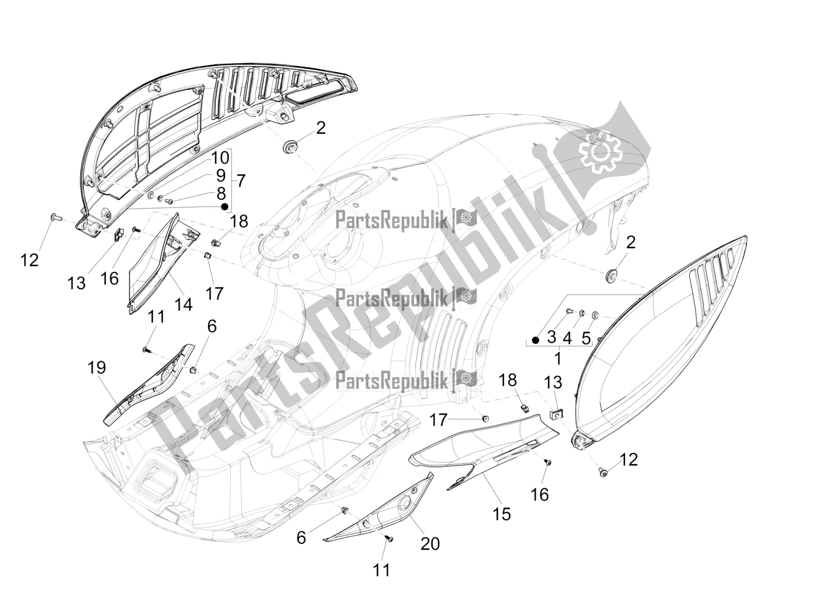 All parts for the Side Cover - Spoiler of the Vespa 946 125 4T 3V ABS-Armani 2017