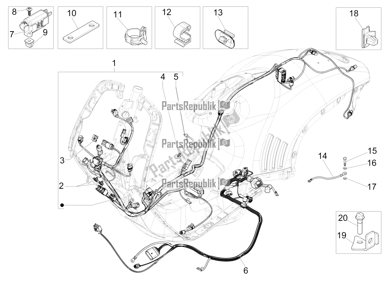 All parts for the Main Cable Harness of the Vespa 946 125 ABS CD 2022