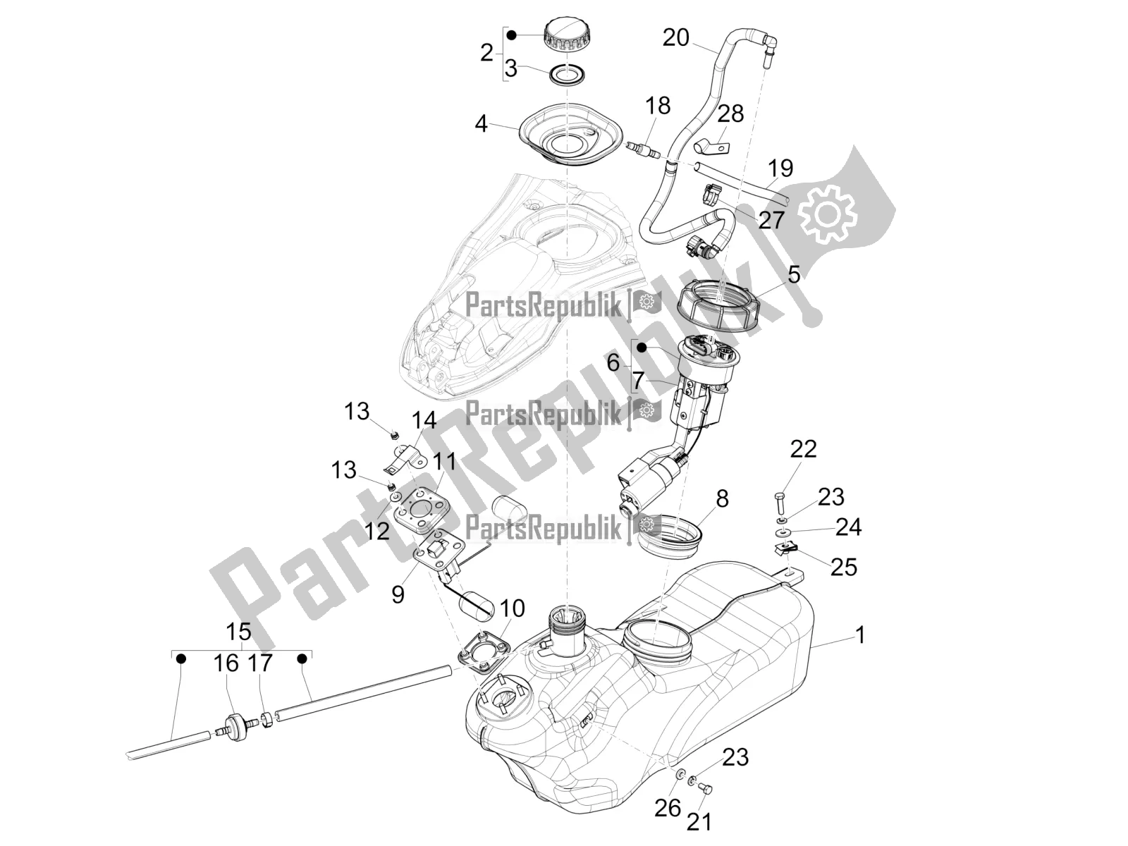 Todas las partes para Depósito De Combustible de Vespa 946 150 4 STR / Red 2019