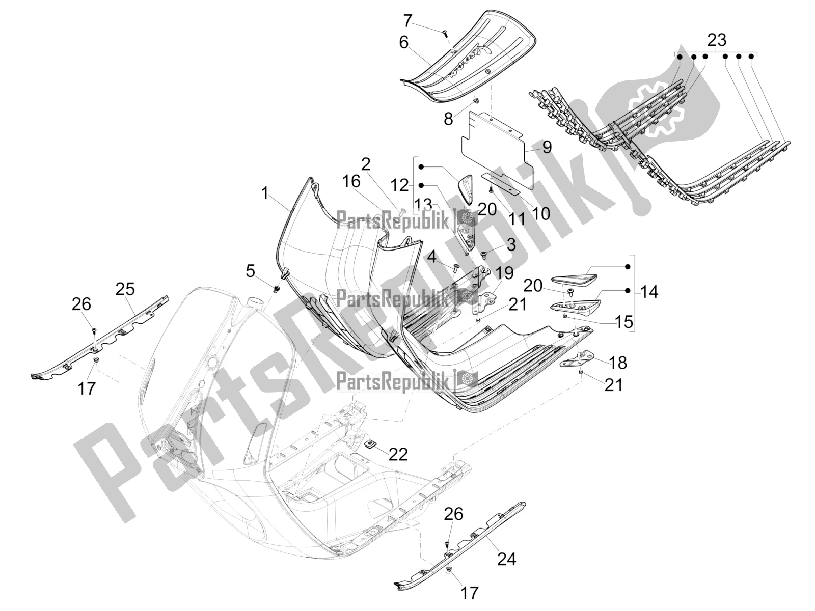 All parts for the Central Cover - Footrests of the Vespa 946 150 4 STR / Red 2020