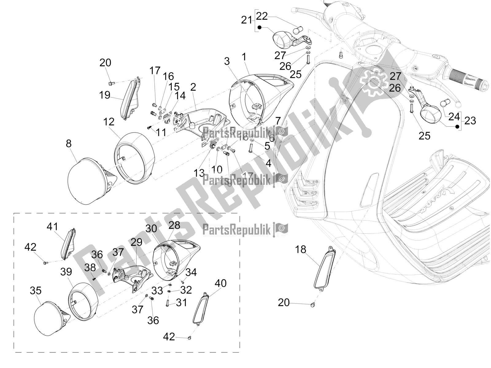 Toutes les pièces pour le Phares Avant - Clignotants du Vespa 946 150 4 STR / Red 2020