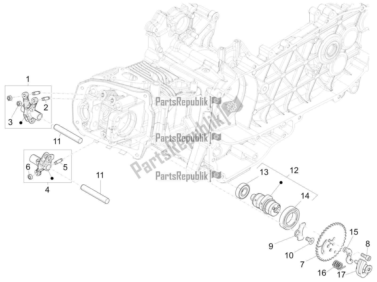 All parts for the Rocking Levers Support Unit of the Vespa 946 150 4 STR / Red 2020