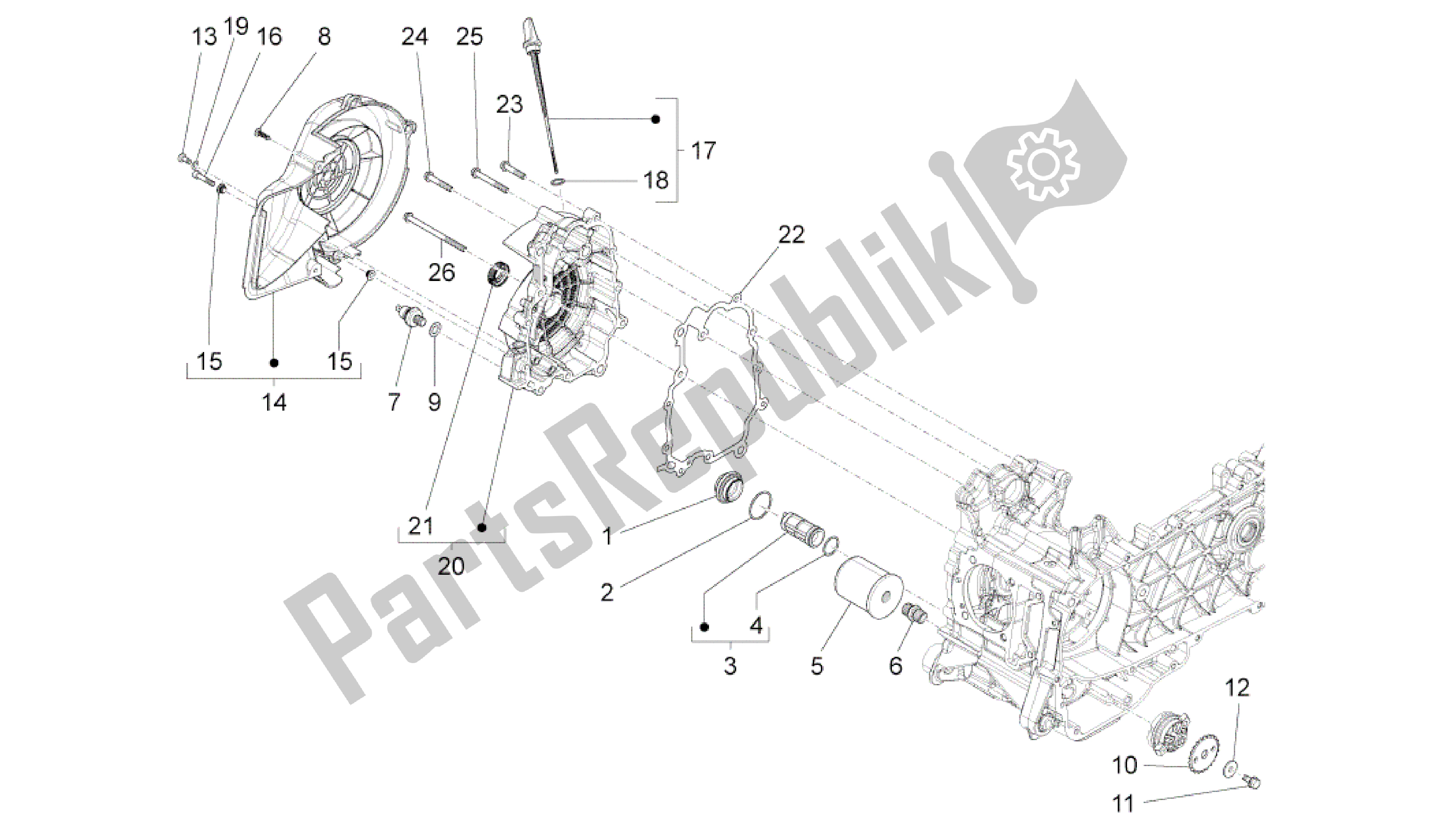 All parts for the Flywheel Magneto Cover - Oil Filter of the Vespa 946 150 2013 - 2014
