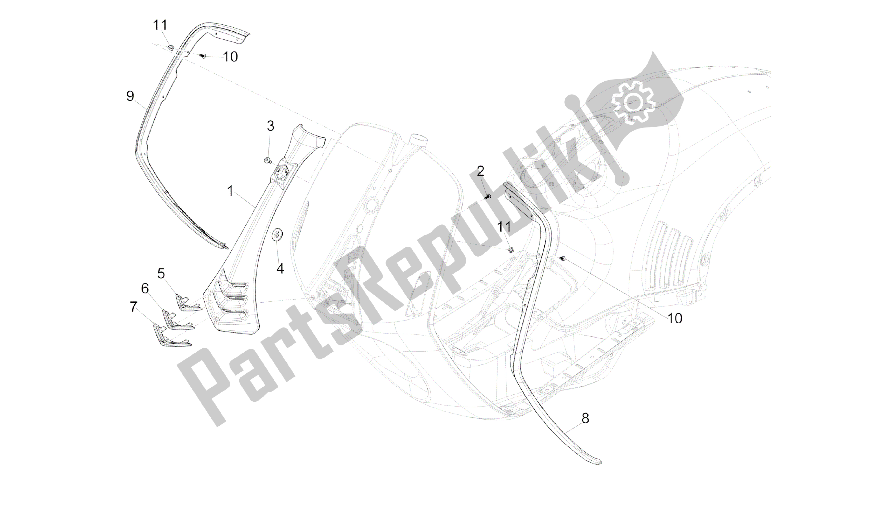 All parts for the Front Shield of the Vespa 946 150 2013 - 2014