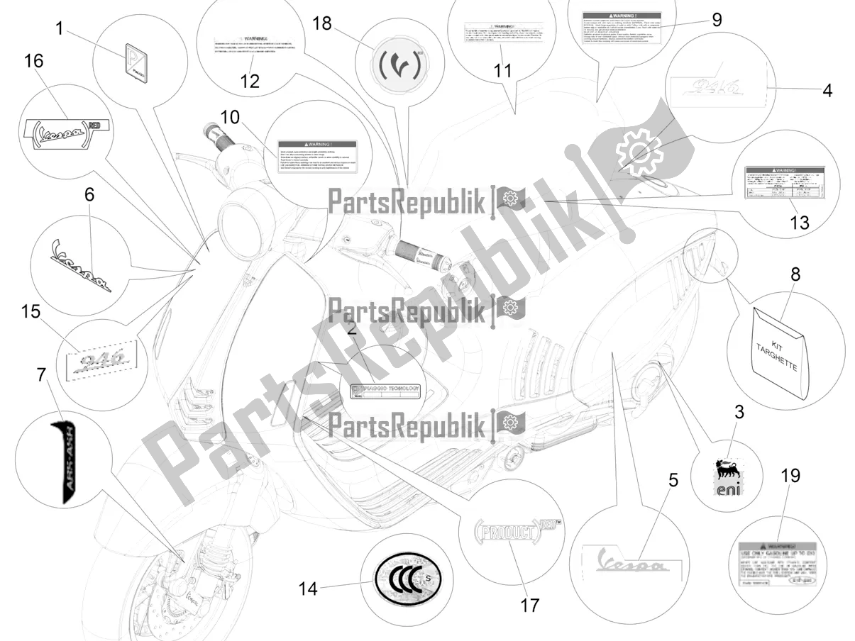 Tutte le parti per il Piatti - Emblemi del Vespa 946 150 4T 3V ABS 2016