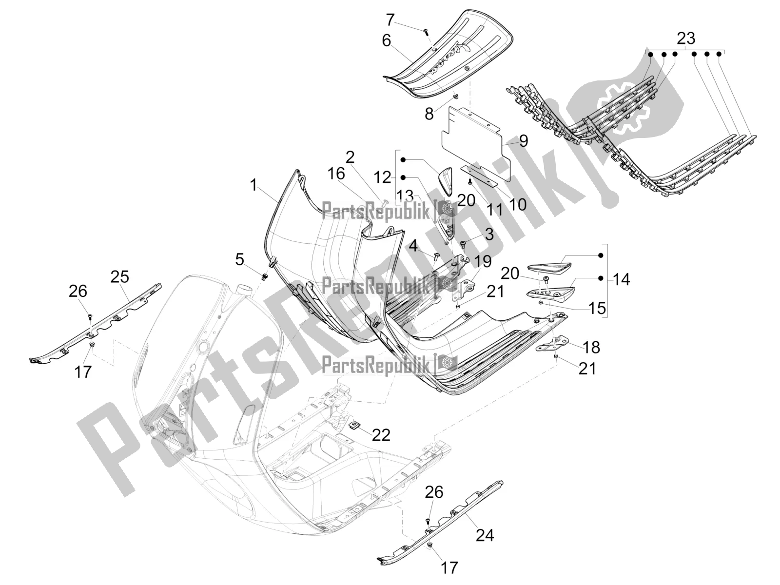 All parts for the Central Cover - Footrests of the Vespa 946 150 4T 3V ABS 2017