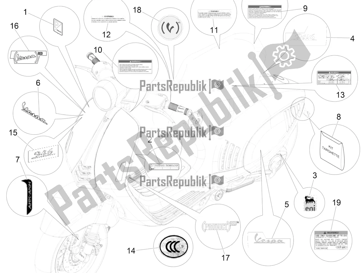 Todas as partes de Placas - Emblemas do Vespa 946 150 4T 3V ABS 2017