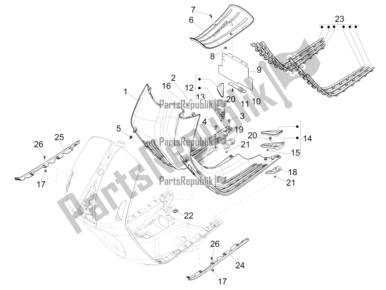 All parts for the Central Cover - Footrests of the Vespa 946 150 4T 3V ABS 2018