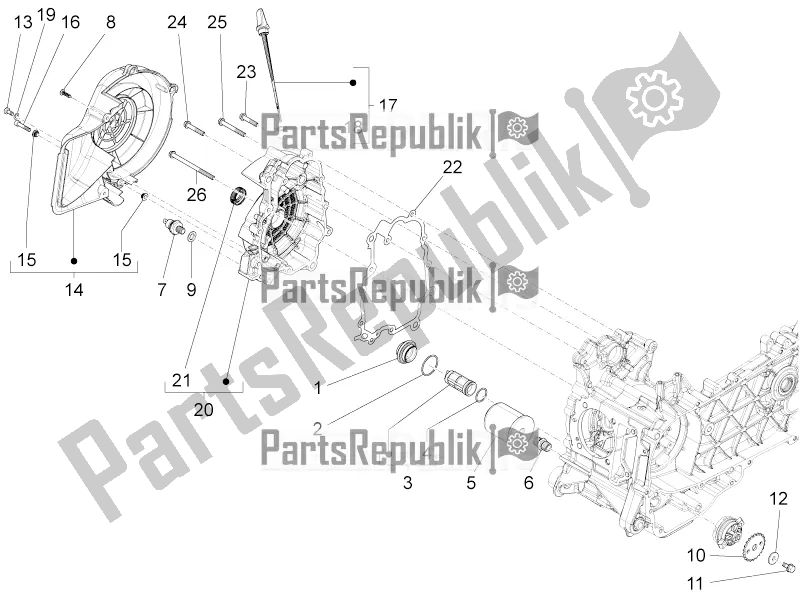 Alle onderdelen voor de Vliegwiel Magneto Deksel - Oliefilter van de Vespa 946 150 4T 3V ABS 2018