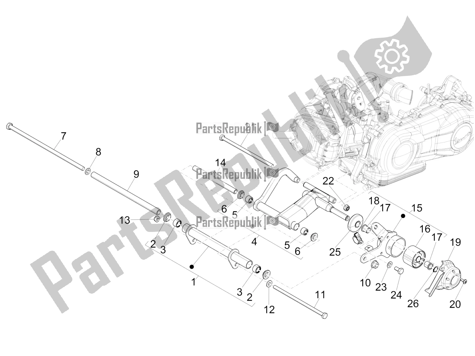 All parts for the Swinging Arm of the Vespa 946 150 4T 3V ABS 2018