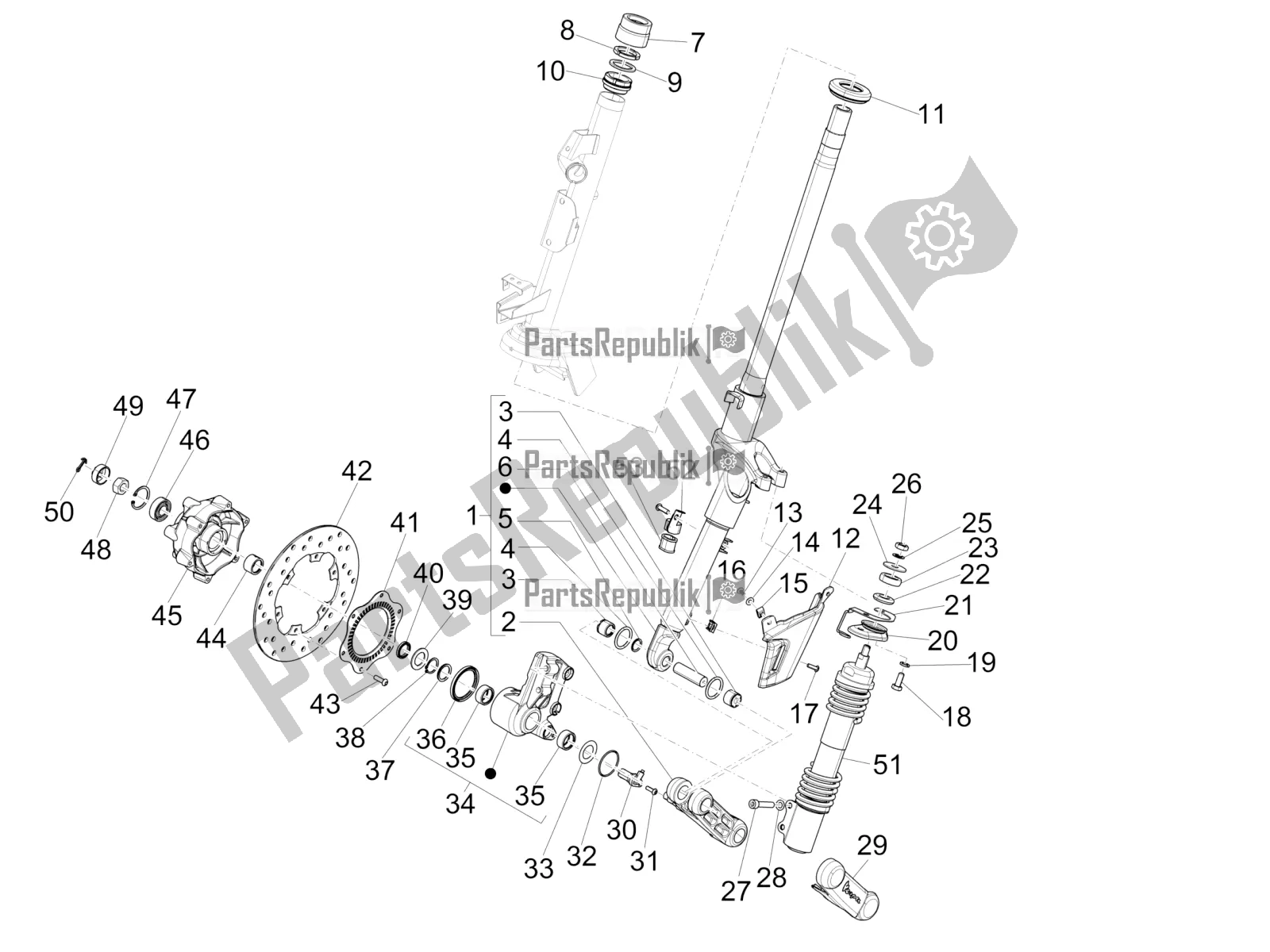 Alle onderdelen voor de Vork / Stuurbuis - Stuurlagereenheid van de Vespa 946 150 ABS CD Apac 2022