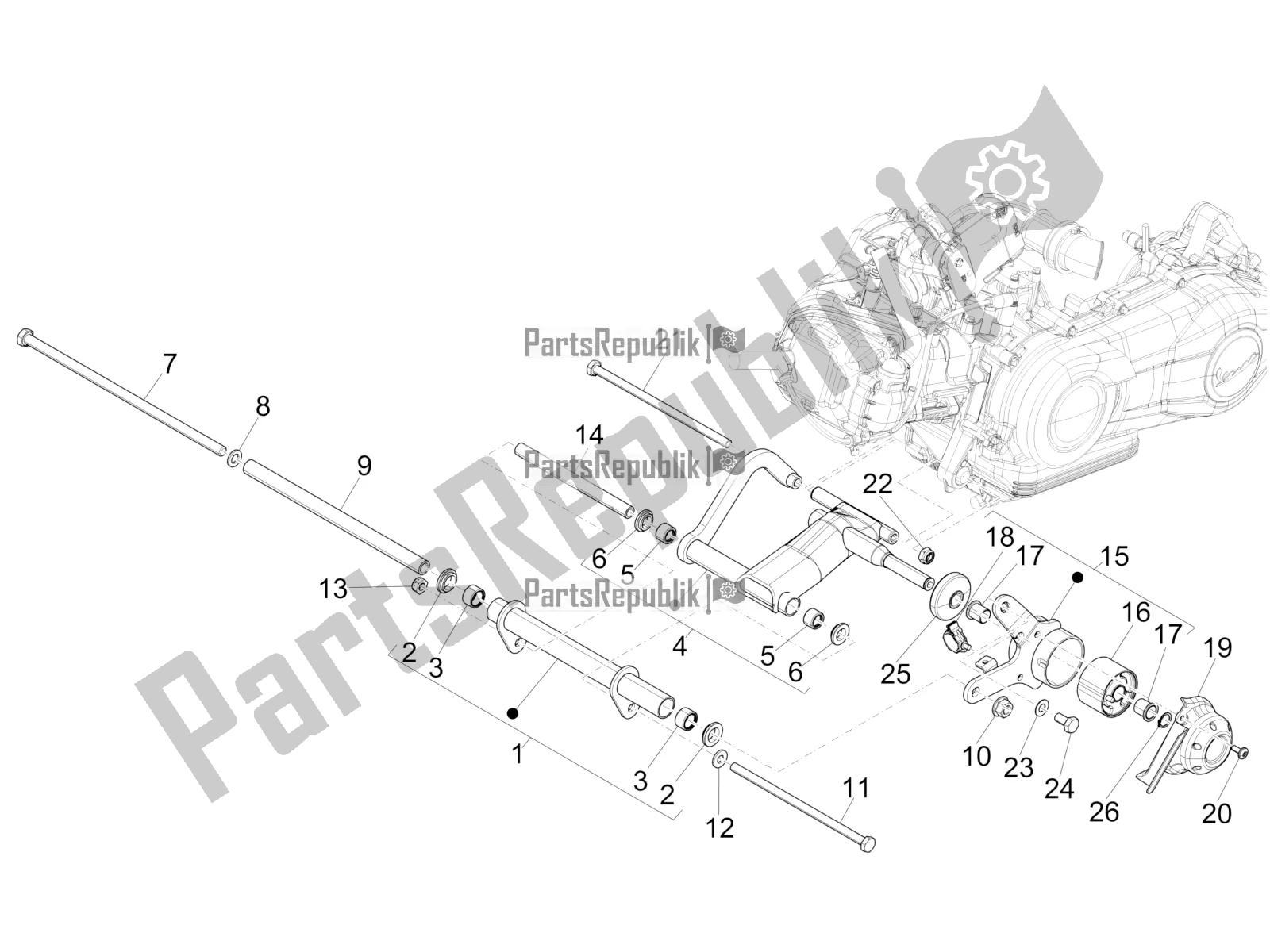 All parts for the Swinging Arm of the Vespa 946 150 ABS CD Apac 2022