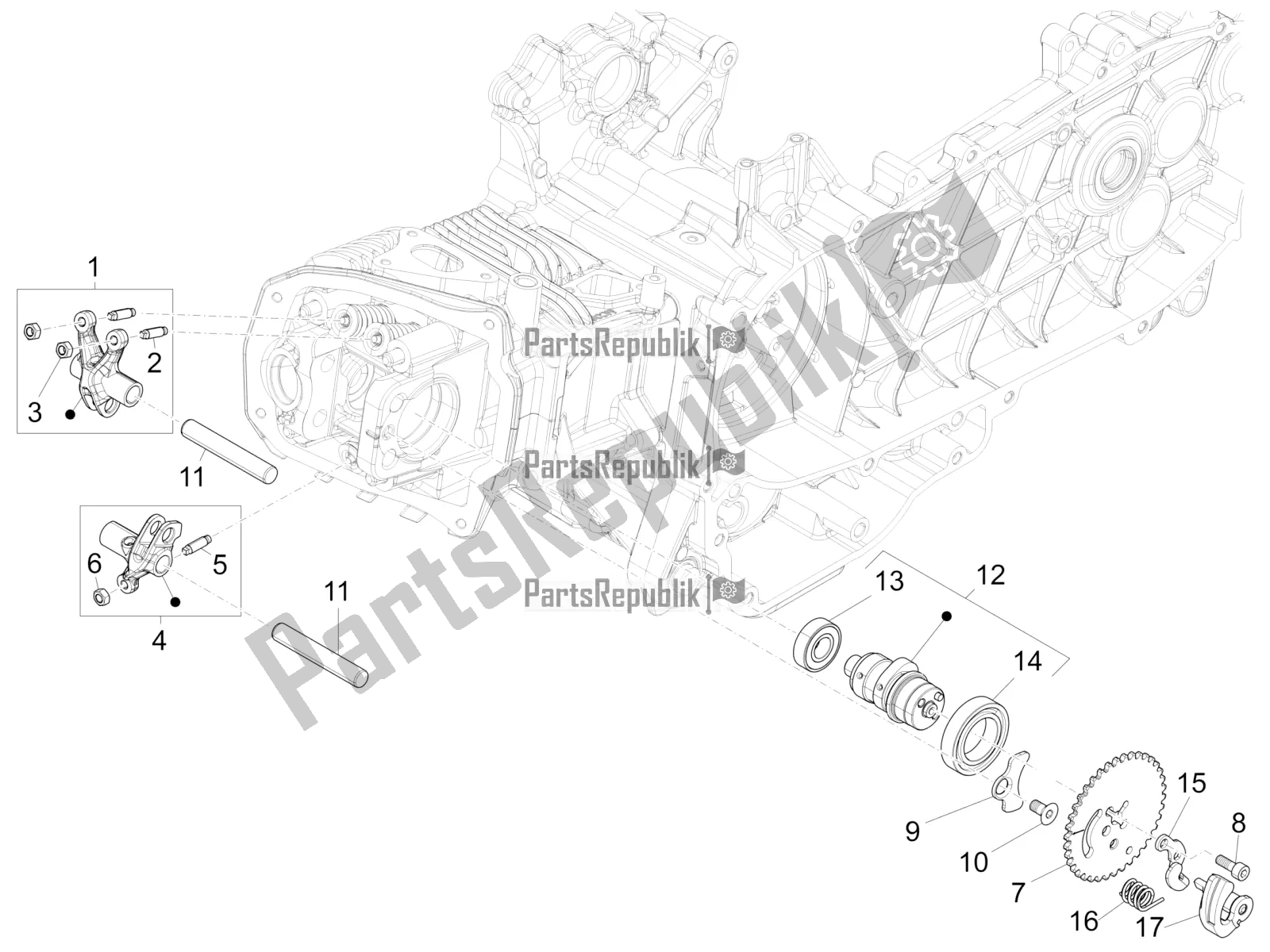 All parts for the Rocking Levers Support Unit of the Vespa 946 150 ABS CD Cina 2021