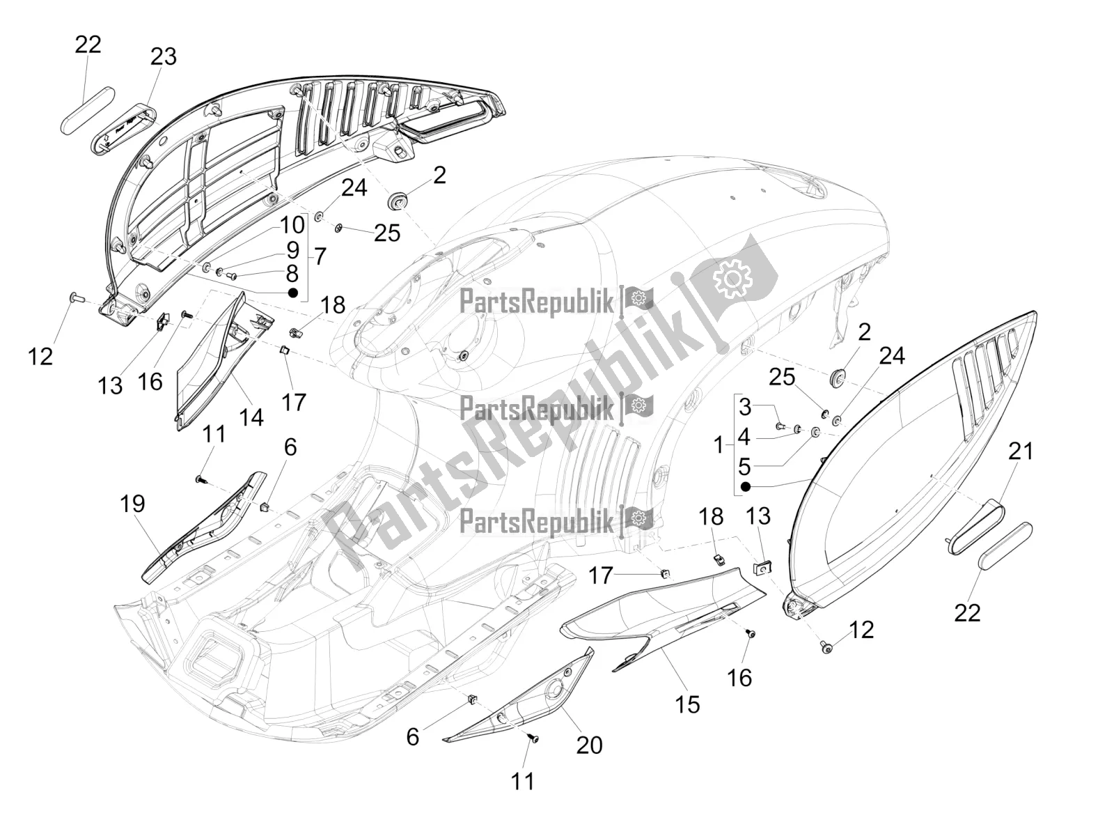 Tutte le parti per il Coperchio Laterale - Spoiler del Vespa 946 150 ABS CD Cina 2021