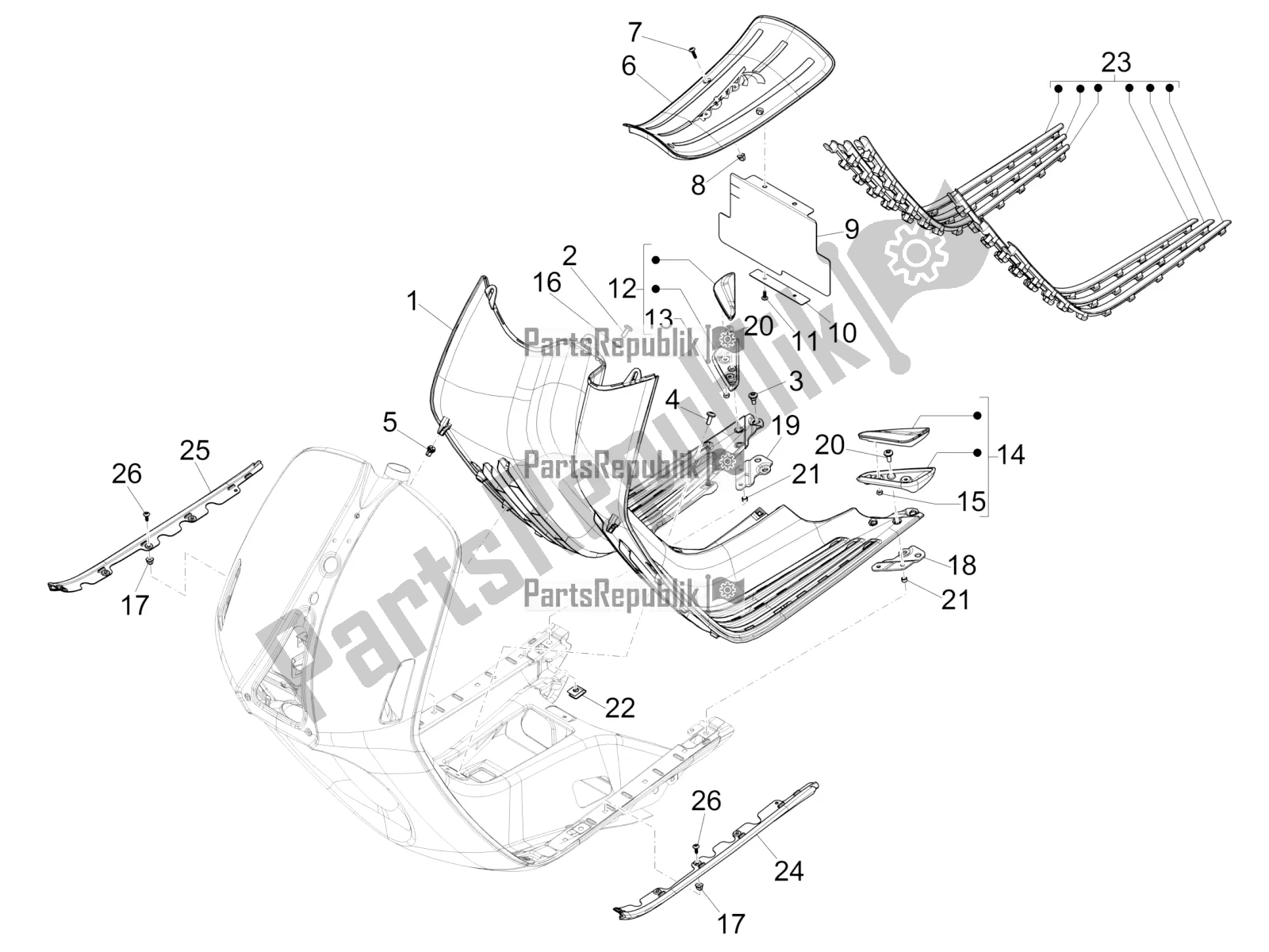 All parts for the Central Cover - Footrests of the Vespa 946 150 ABS CD Cina 2022