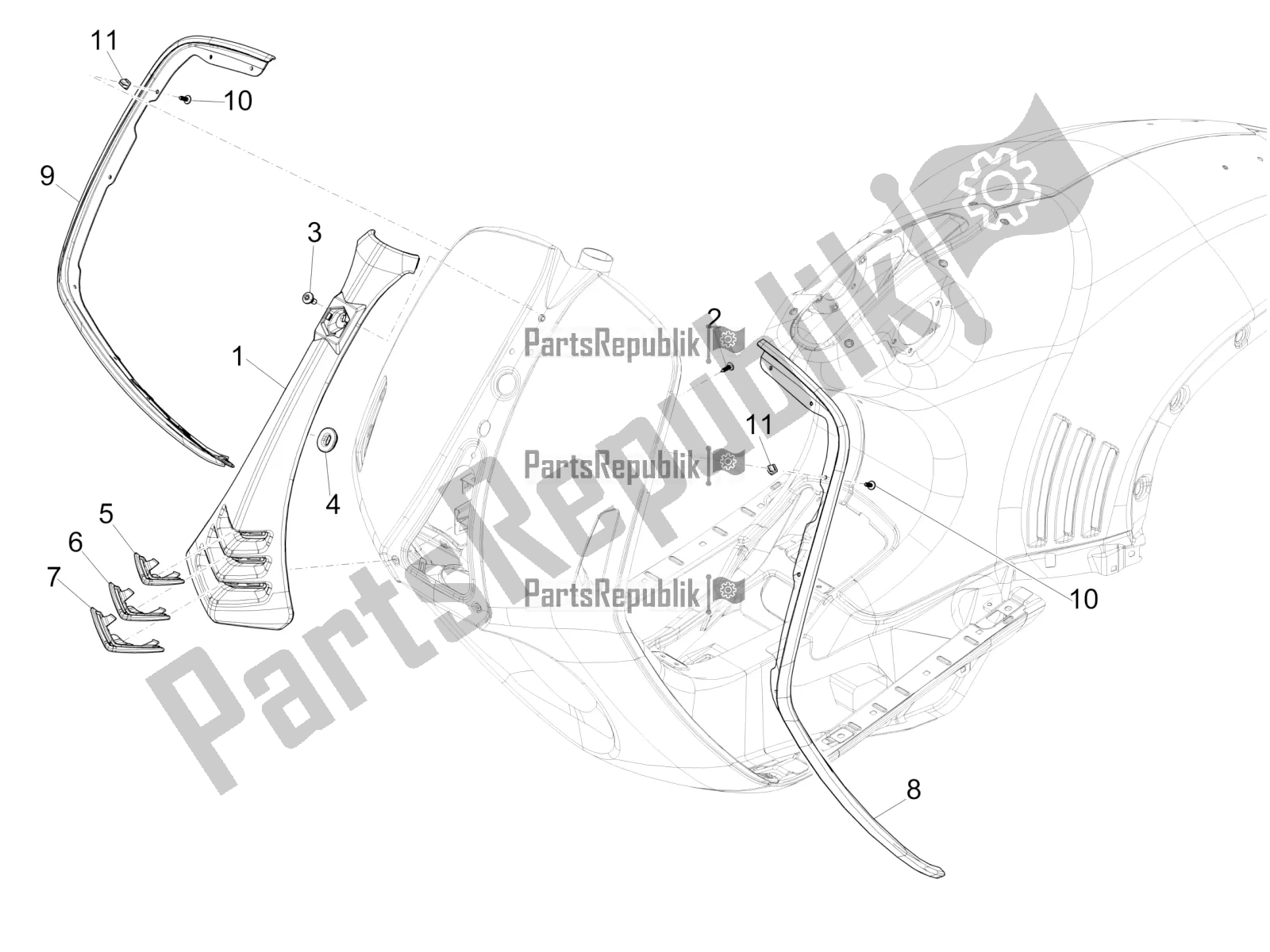 All parts for the Front Shield of the Vespa 946 150 ABS CD Cina 2022