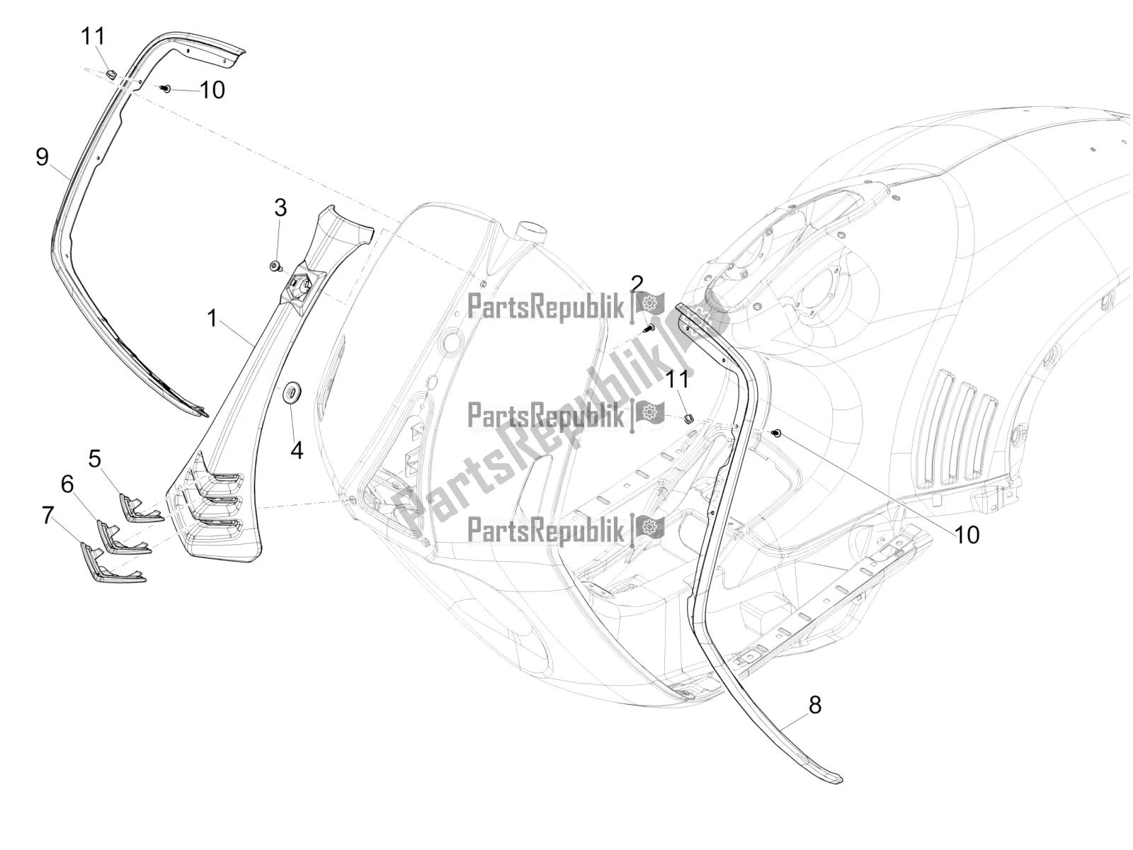 All parts for the Front Shield of the Vespa 946 150 ABS CD Cina 2022