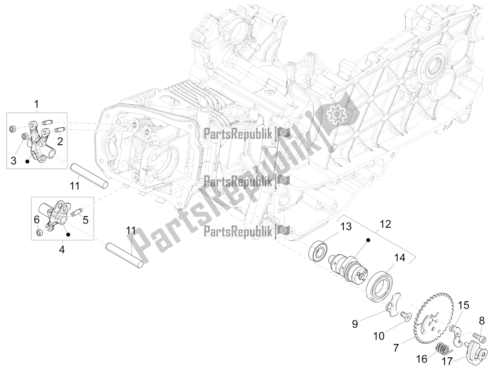 All parts for the Rocking Levers Support Unit of the Vespa 946 150 ABS CD USA 2021