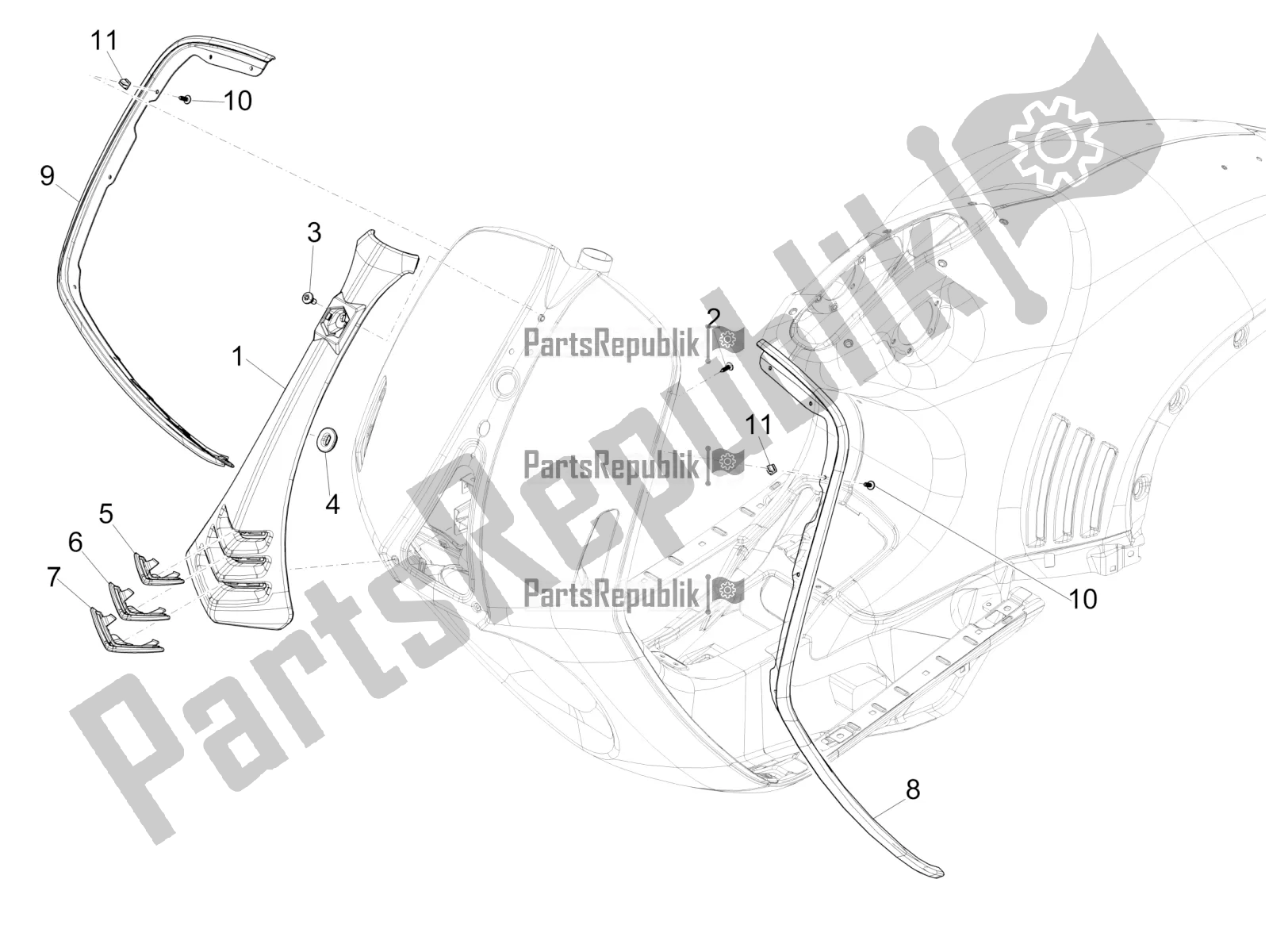 All parts for the Front Shield of the Vespa 946 150 ABS CD USA 2022