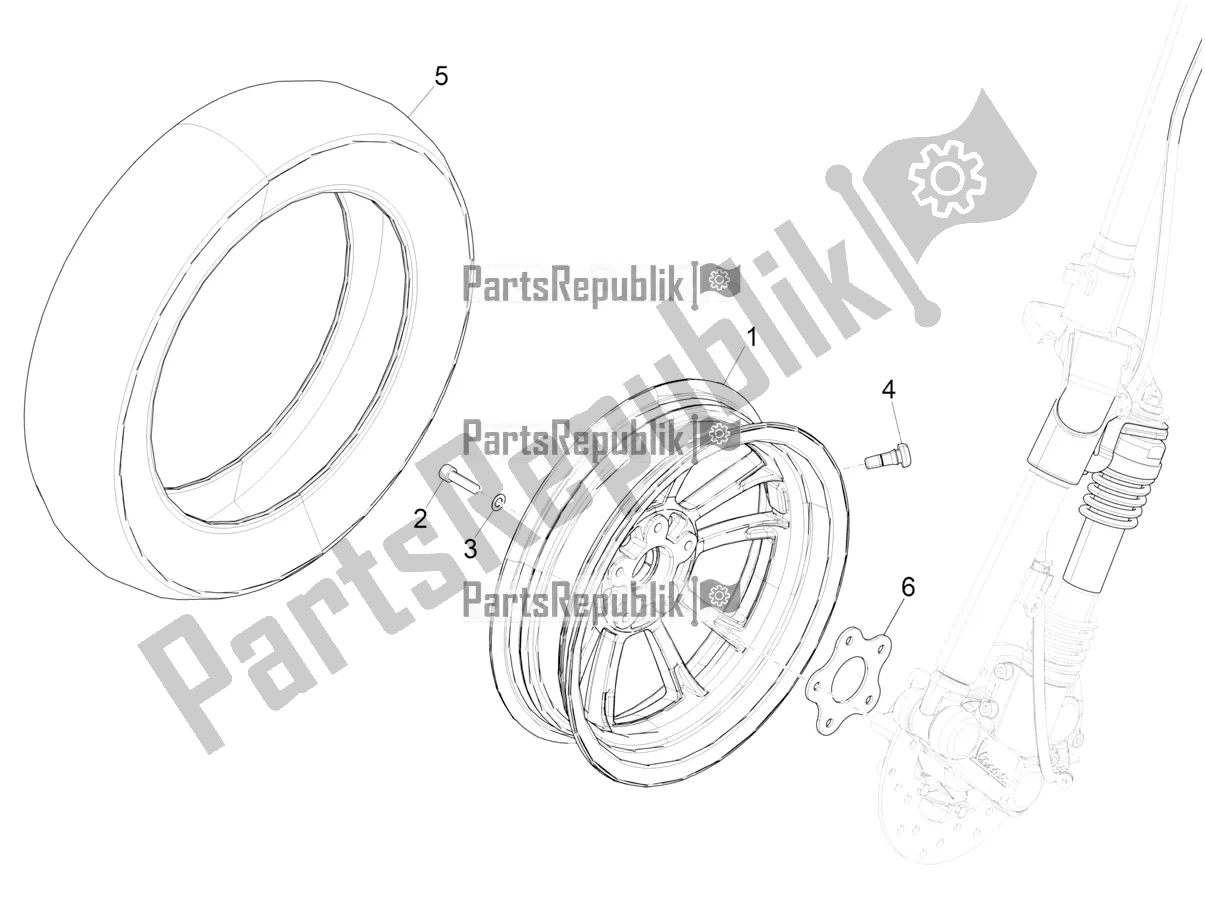 All parts for the Front Wheel of the Vespa Elettrica 45 KM/H 2021