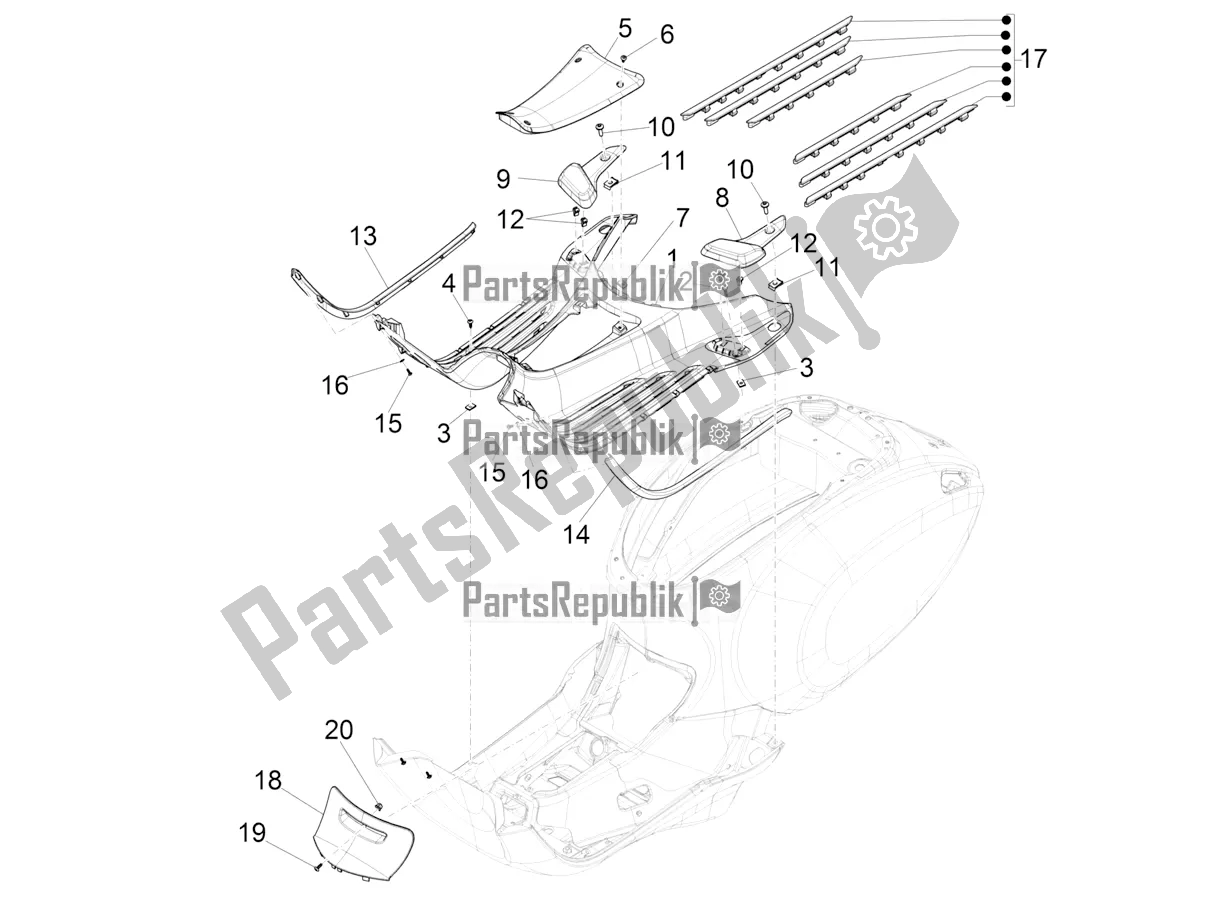 All parts for the Central Cover - Footrests of the Vespa Elettrica 45 KM/H 2022