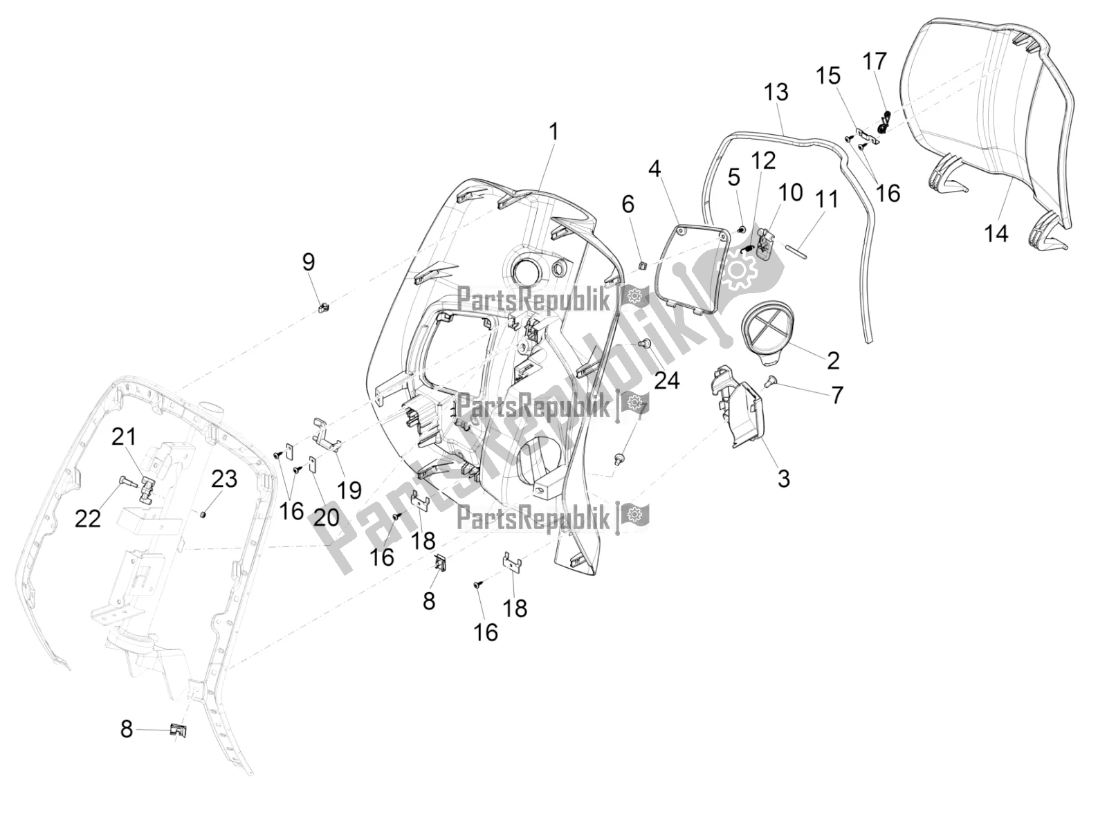 Tutte le parti per il Vano Portaoggetti Anteriore - Pannello Di Protezione Per Le Ginocchia del Vespa Elettrica 45 KM/H 2022