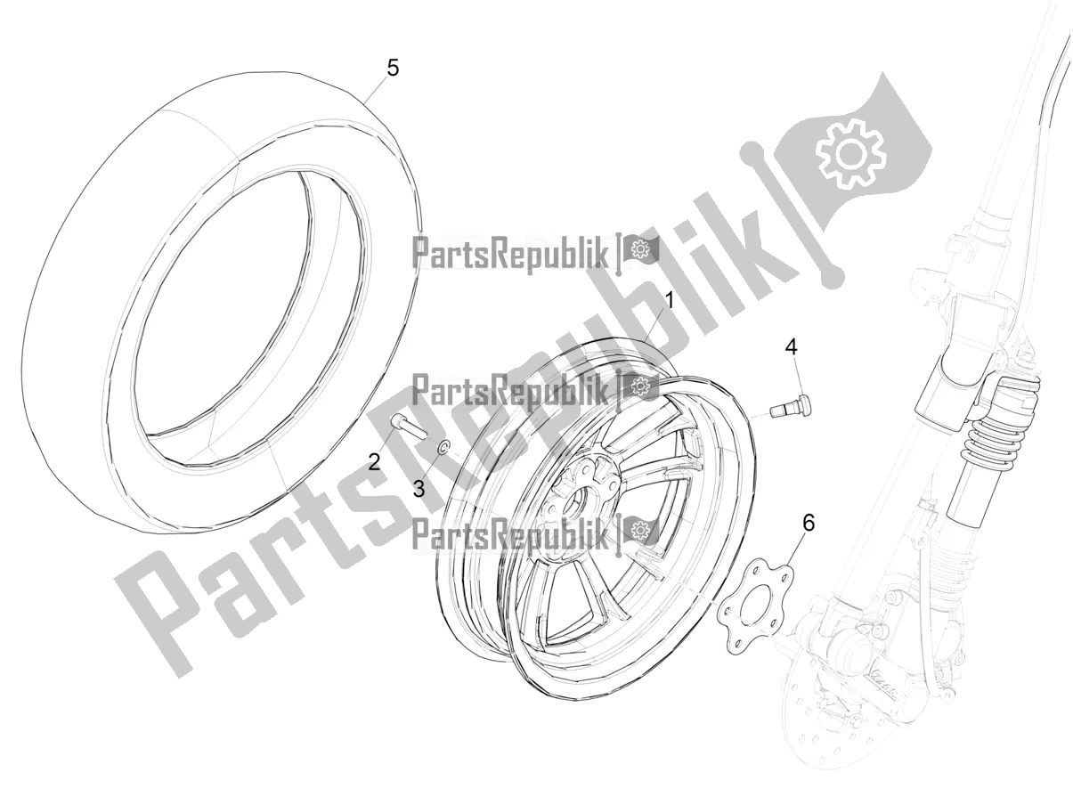 All parts for the Front Wheel of the Vespa Elettrica 45 KM/H 2022
