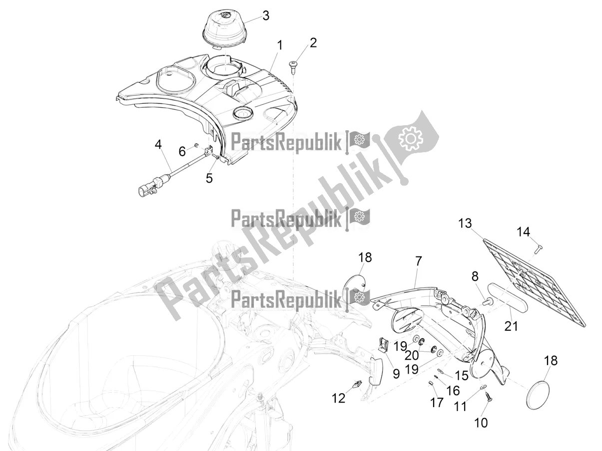 All parts for the Rear Cover - Splash Guard of the Vespa Elettrica 70 KM/H 2021