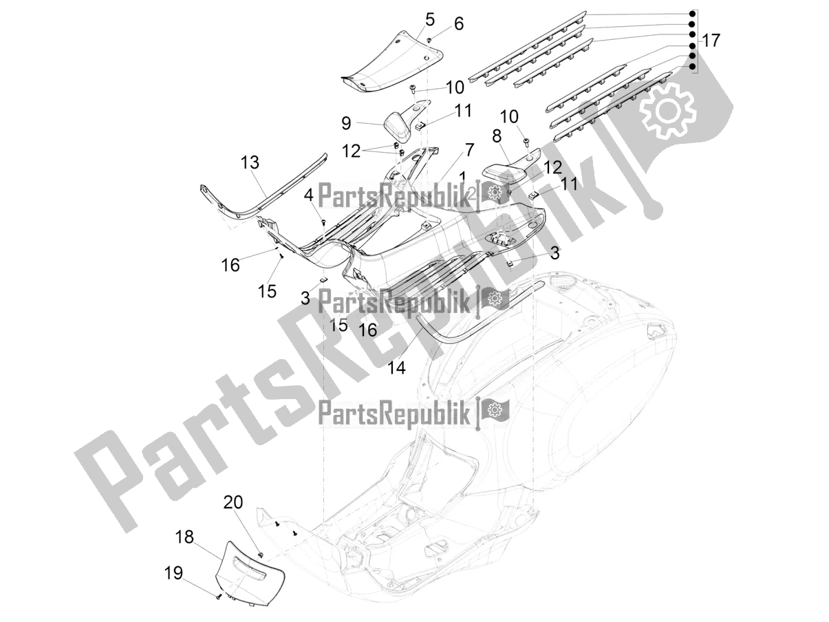 Todas las partes para Cubierta Central - Reposapiés de Vespa Elettrica 70 KM/H 2022