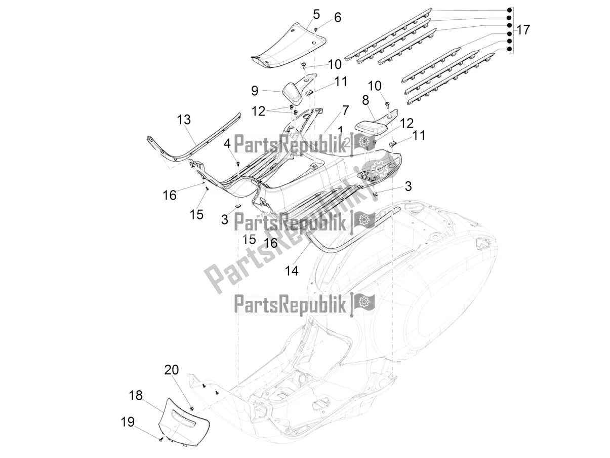 Todas las partes para Cubierta Central - Reposapiés de Vespa Elettrica 70 KM/H Italia 2021