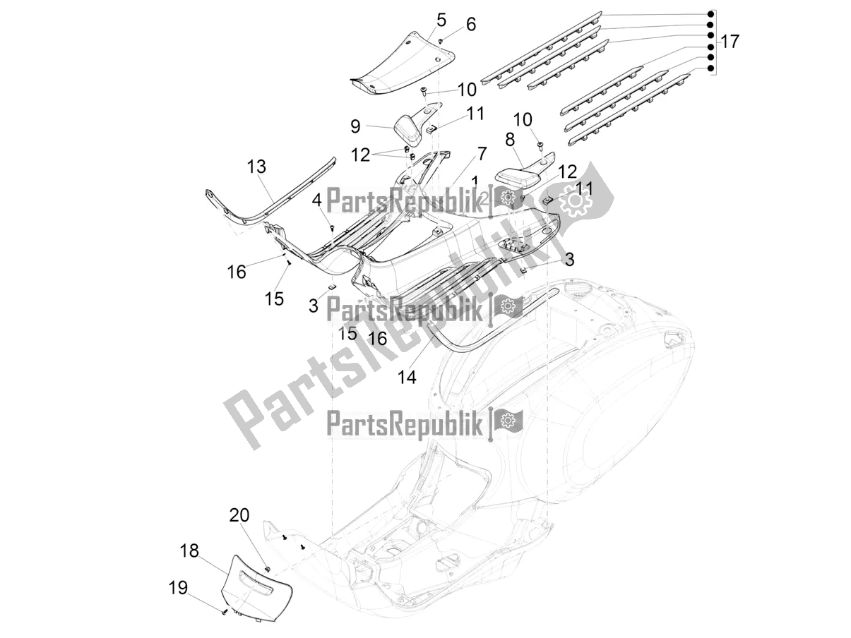 All parts for the Central Cover - Footrests of the Vespa Elettrica BE, DE, EU, FR, GB, IT 0 2018
