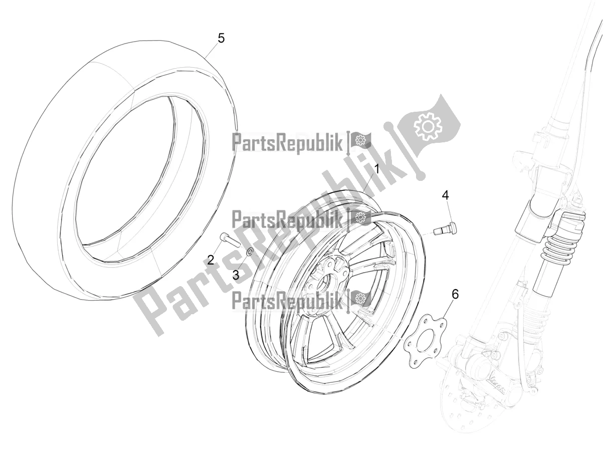 All parts for the Front Wheel of the Vespa Elettrica Motociclo 70 KM/H 2020