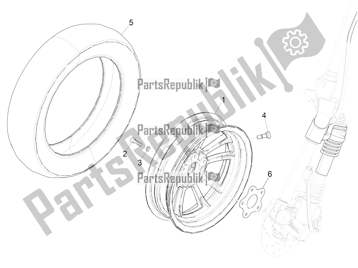 All parts for the Front Wheel of the Vespa Elettrica Motociclo 70 KM/H USA 2020