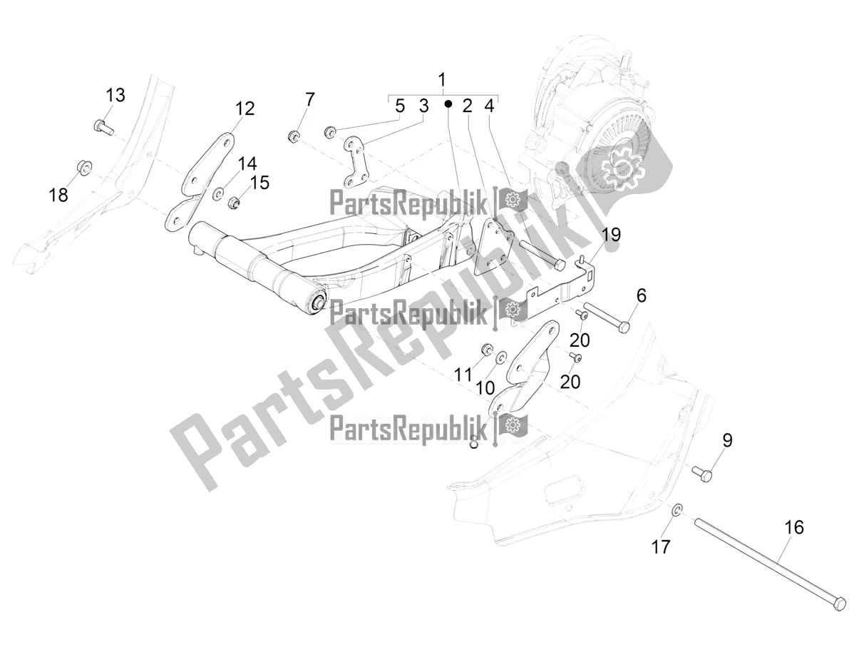 All parts for the Swinging Arm of the Vespa Elettrica Motociclo 70 KM/H USA 2020