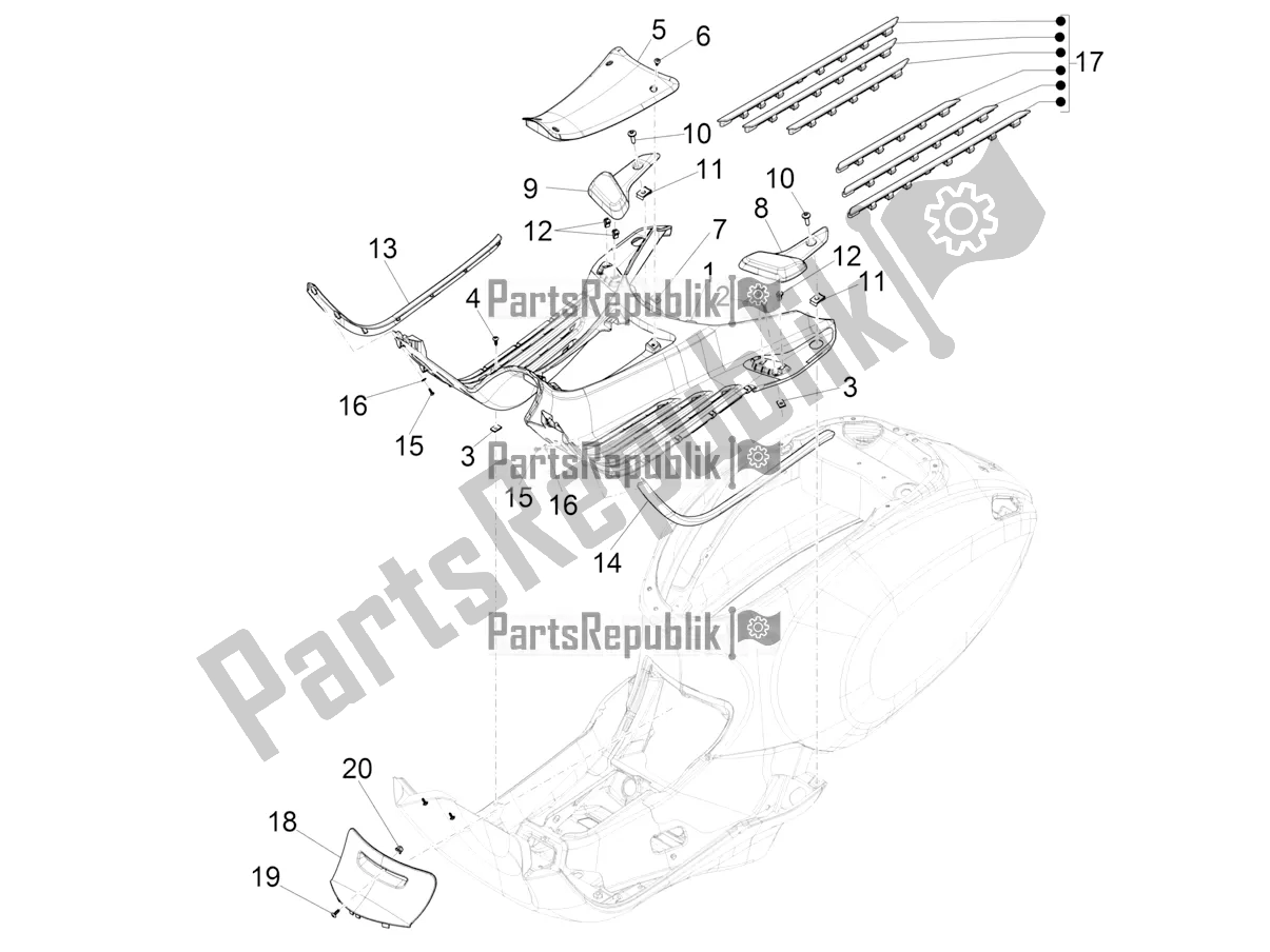 All parts for the Central Cover - Footrests of the Vespa Elettrica Motociclo 70 KM/H USA 2021