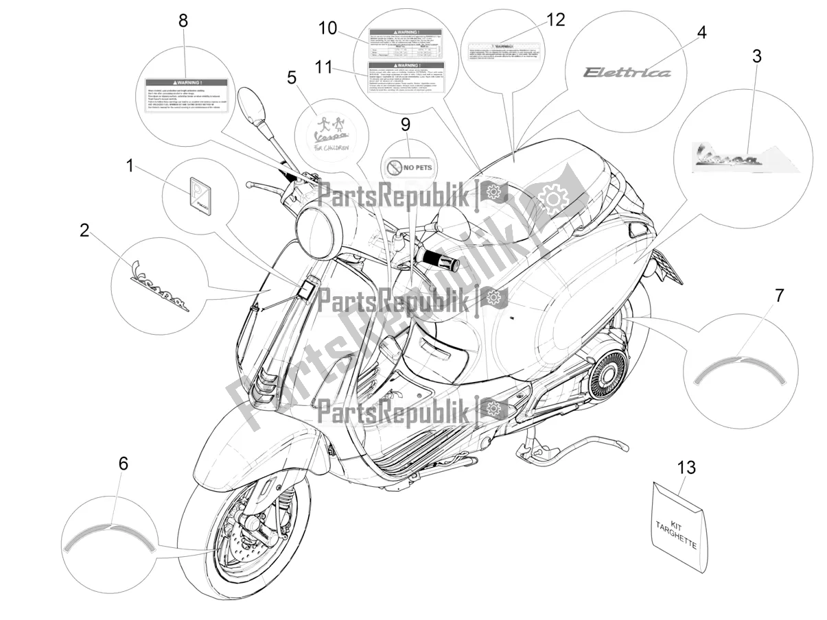 All parts for the Plates - Emblems of the Vespa Elettrica Motociclo 70 KM/H USA 2021