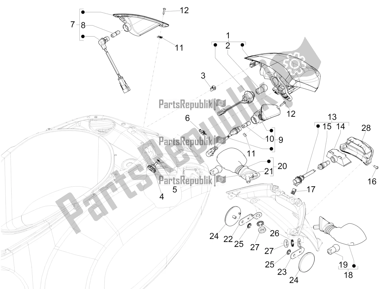Alle onderdelen voor de Achterlichten - Richtingaanwijzers van de Vespa Elettrica Motociclo 70 KM/H USA 2021