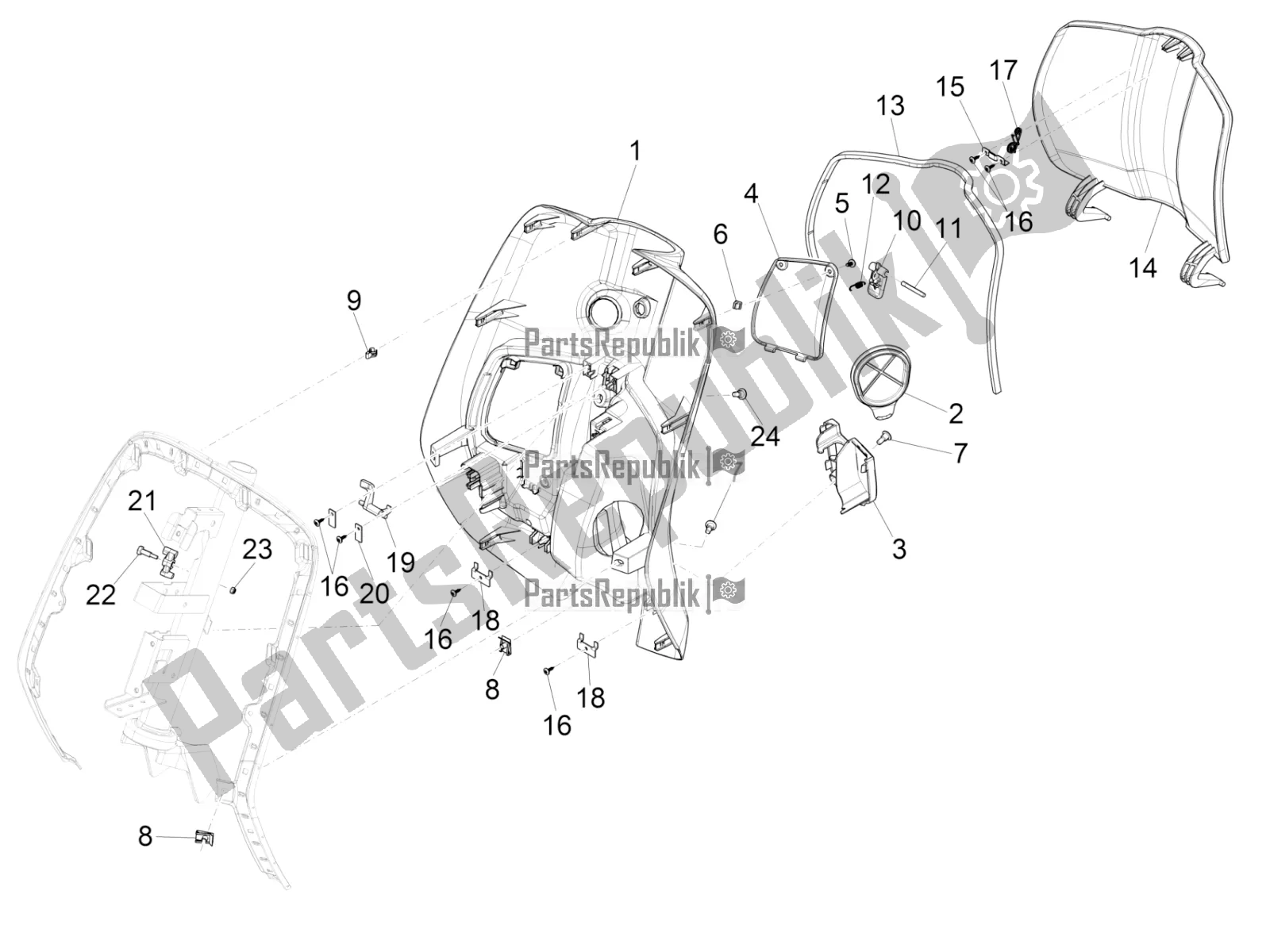 All parts for the Front Glove-box - Knee-guard Panel of the Vespa Elettrica Motociclo 70 KM/H USA 2022