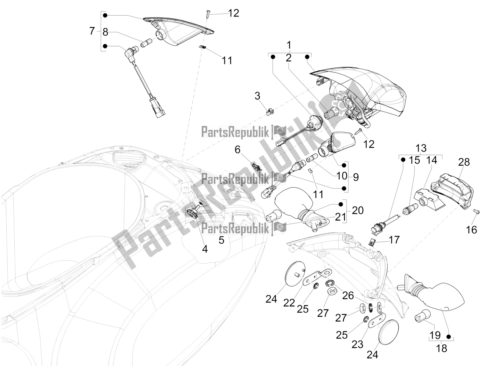 Wszystkie części do Reflektory Tylne - Kierunkowskazy Vespa Elettrica Motociclo 70 KM/H USA 2022