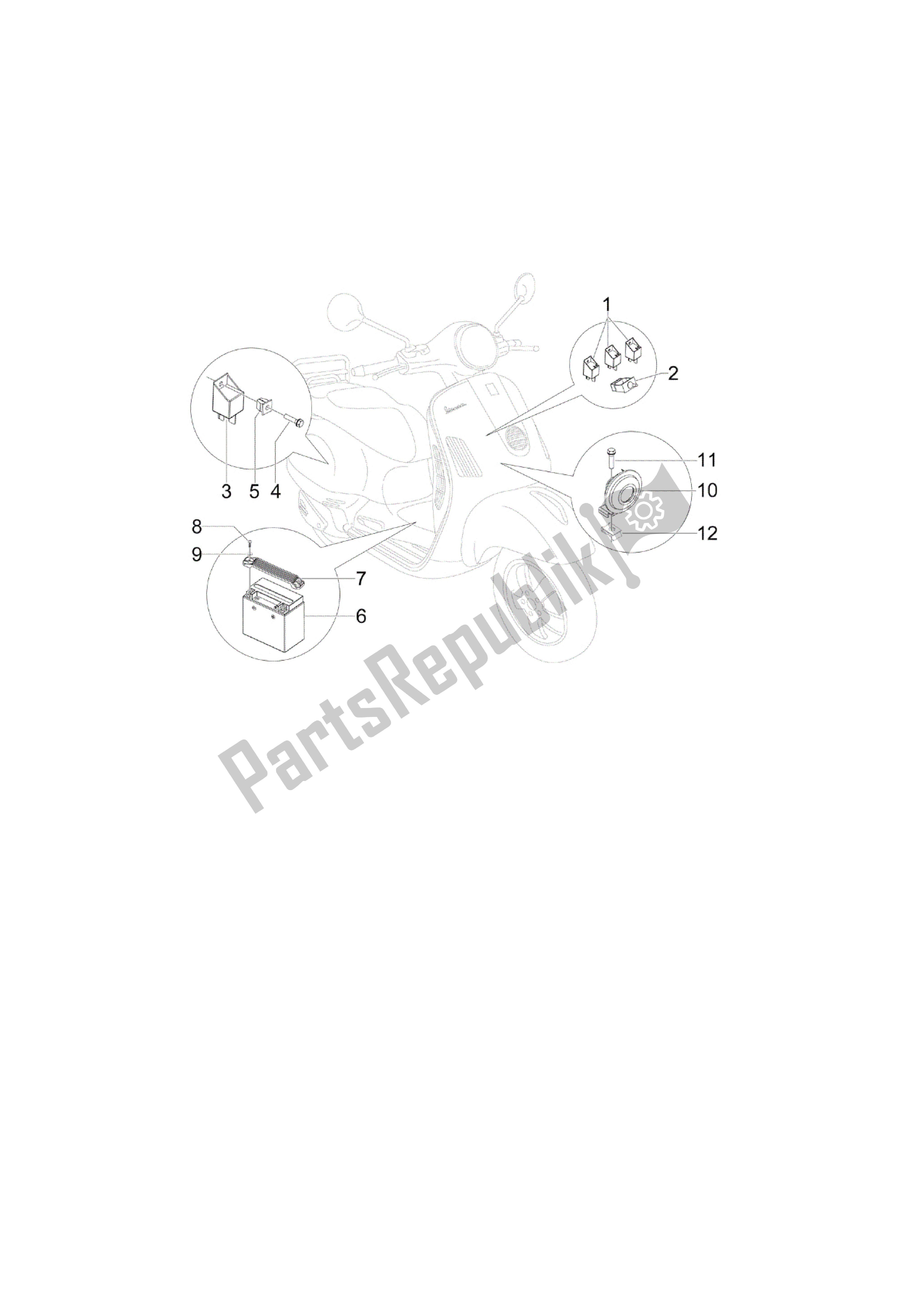 Toutes les pièces pour le Telerruptores - Bateria - Claxon du Vespa GTS 125 2009 - 2015