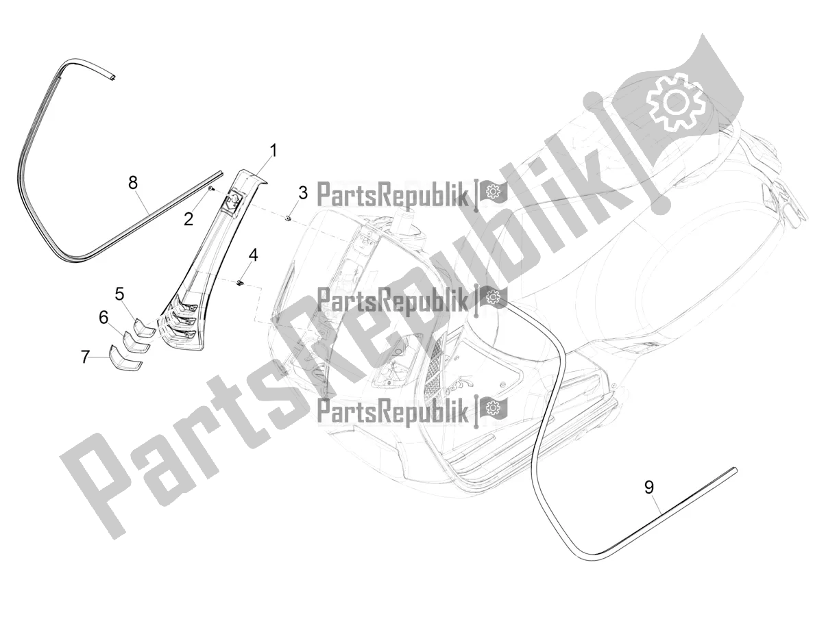 All parts for the Front Shield of the Vespa GTS 125 ABS 2019