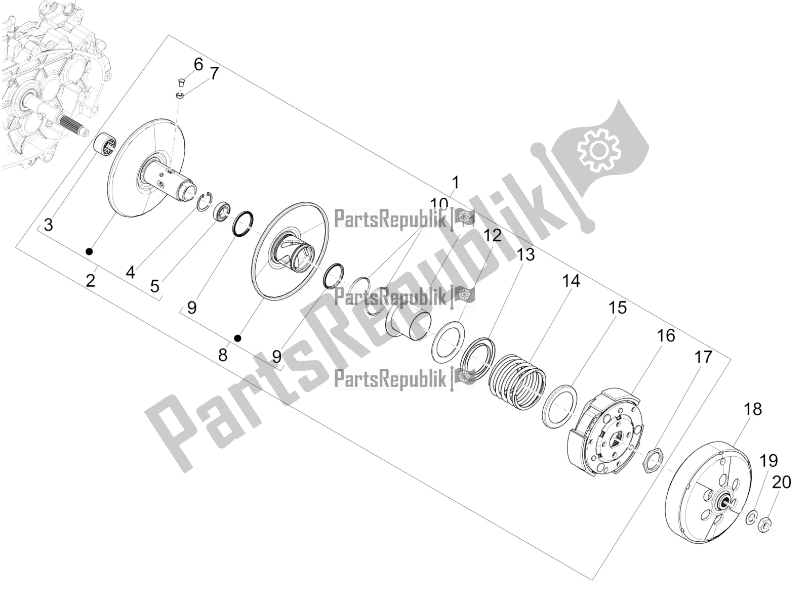 All parts for the Driven Pulley of the Vespa GTS 125 ABS 2021