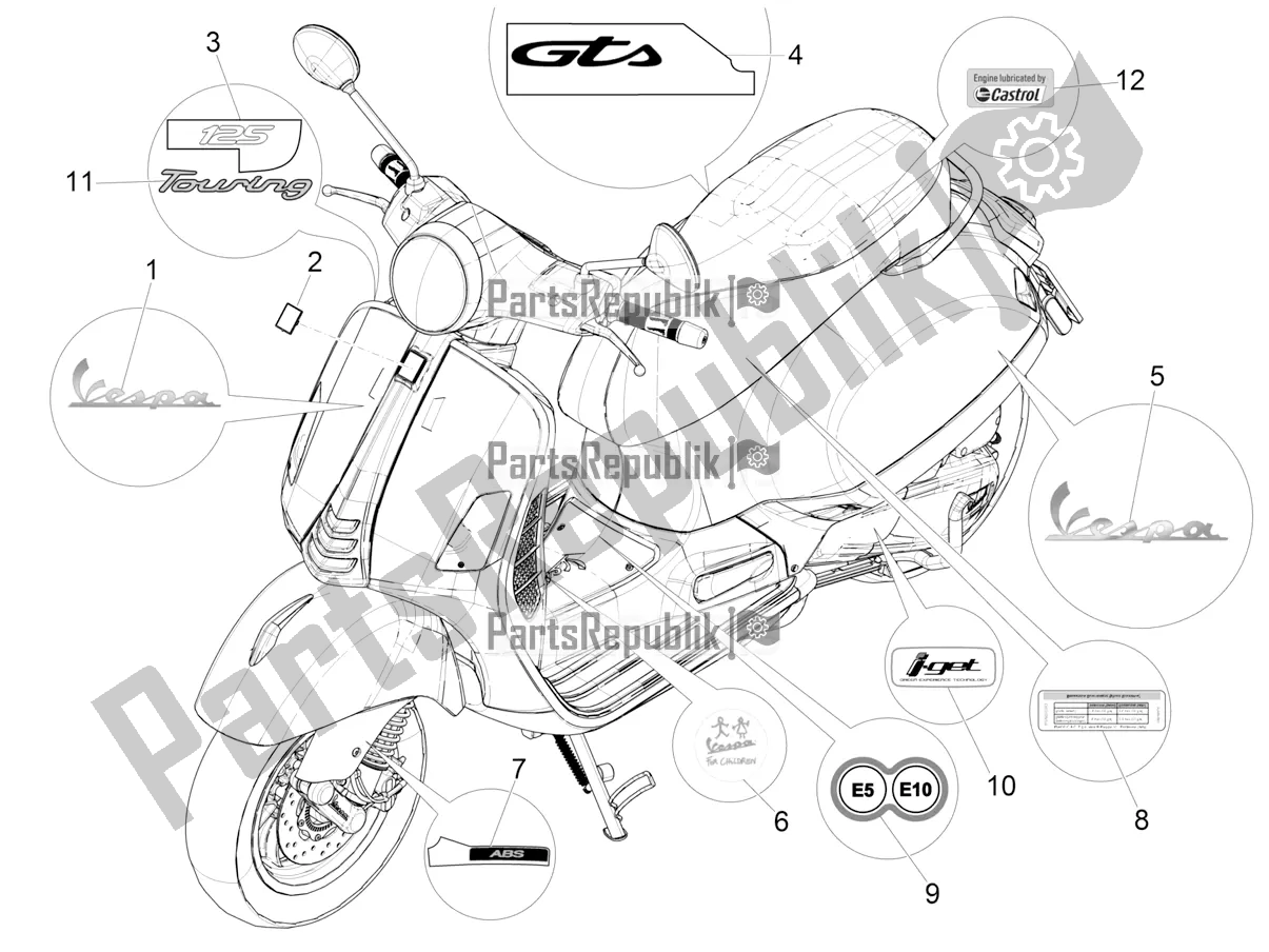 Todas as partes de Placas - Emblemas do Vespa GTS 125 ABS 2022