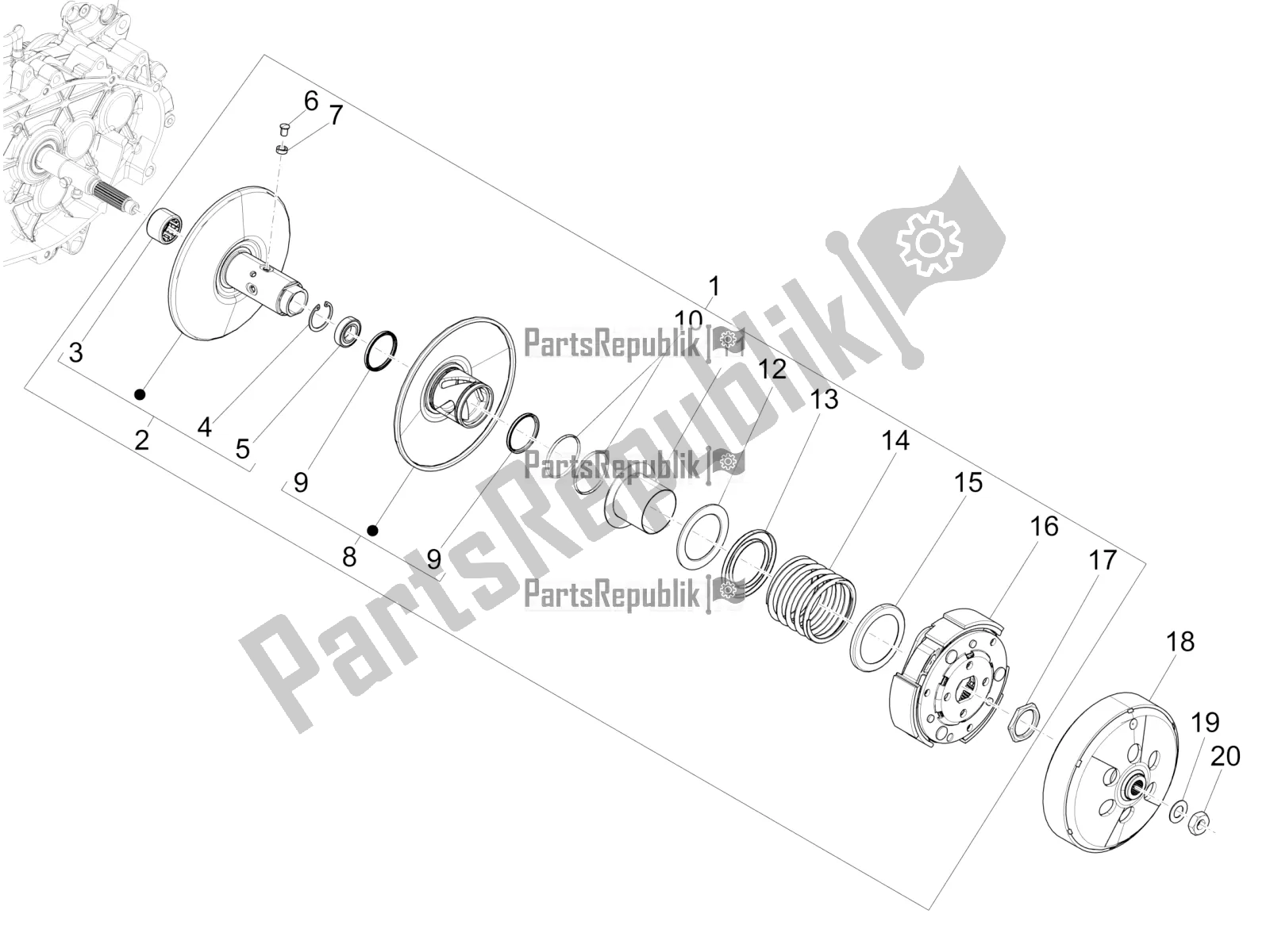 All parts for the Driven Pulley of the Vespa GTS 125 /GTS Super 0 2016